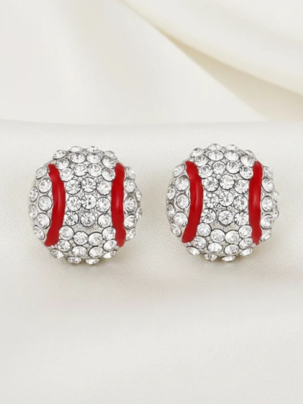 Rhinestone Baseball Stud Earrings in Red & White